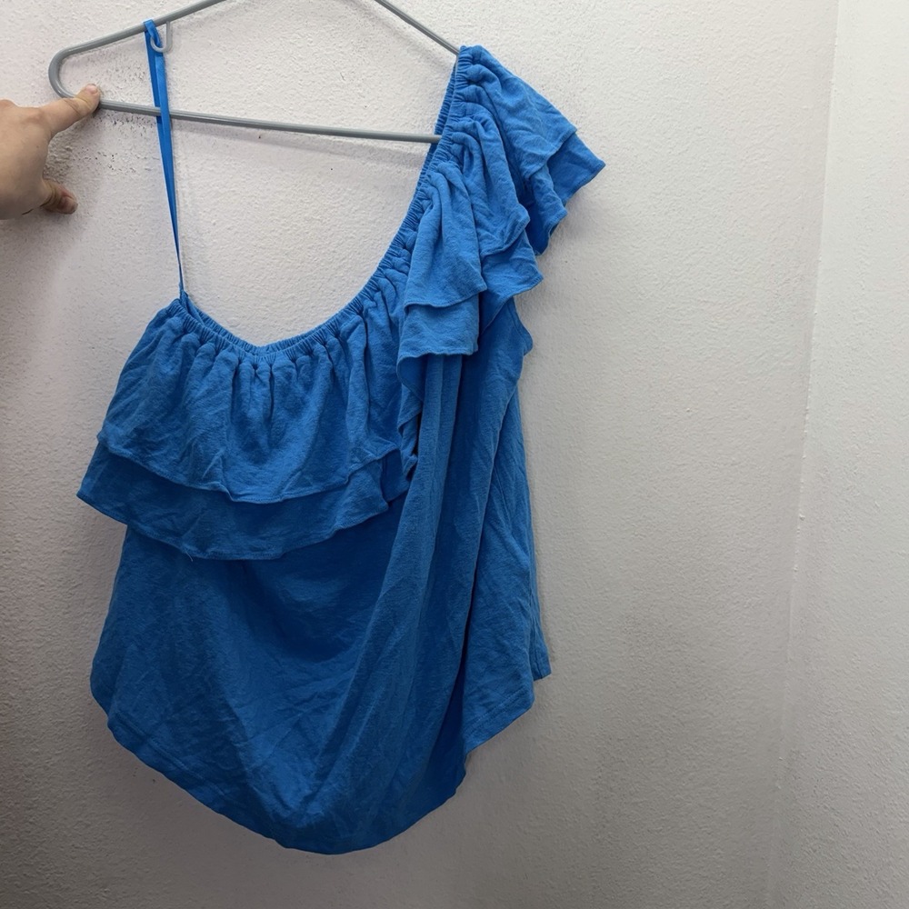 LAUREN Ralph Lauren Sz XL One Shoulder Linen Top Boho Ruffles Blue NWT Preppy